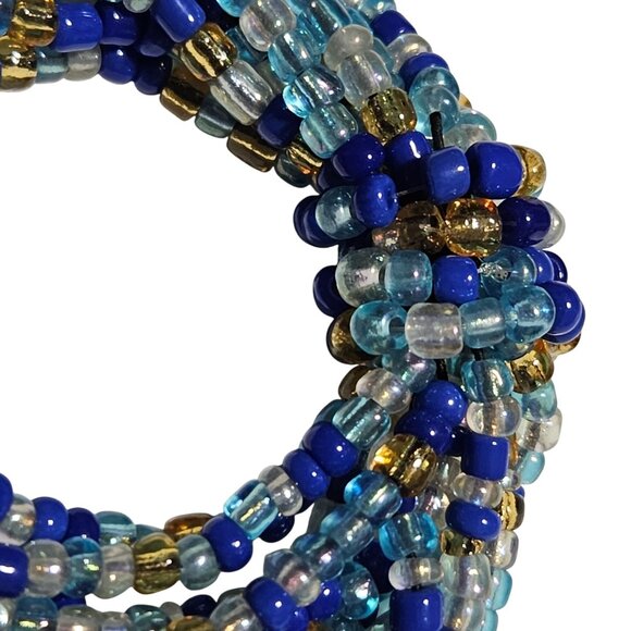 Statement Blue Gold Seed Beaded Multi Strand Stretch Bracelet Fashion Jewelry - Picture 3 of 4
